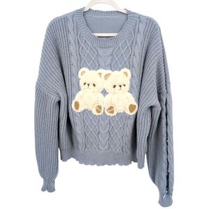 Romwe Blue Cable Knit Teddy Bear Applique Sweater Womens Sz L Kawaii Cottagecore